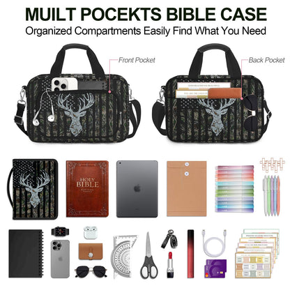 IBOVODI Camo Bible Case Covers, Large Bible Tote Bag Book Cover Study Supplies with Shoulder Strap Handle Zippered Pocket for Men Women (American Flag Deer)