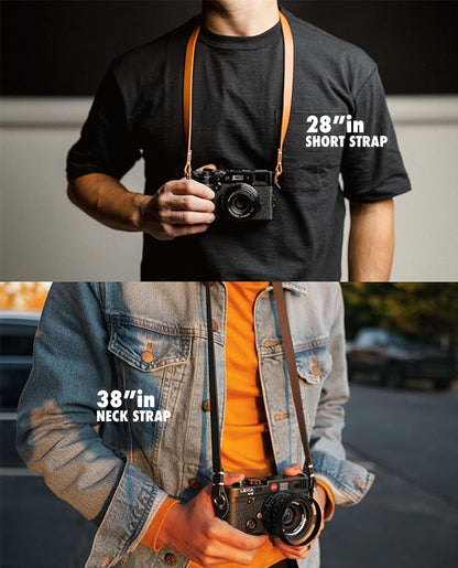 Evergreen Leather Camera Strap – Split Ring, 28 Inch Neck Shoulder Slim, Vintage Modern Design, Hand Stitched, Compatible with Fuji Sony Nikon Leica Canon (Black)