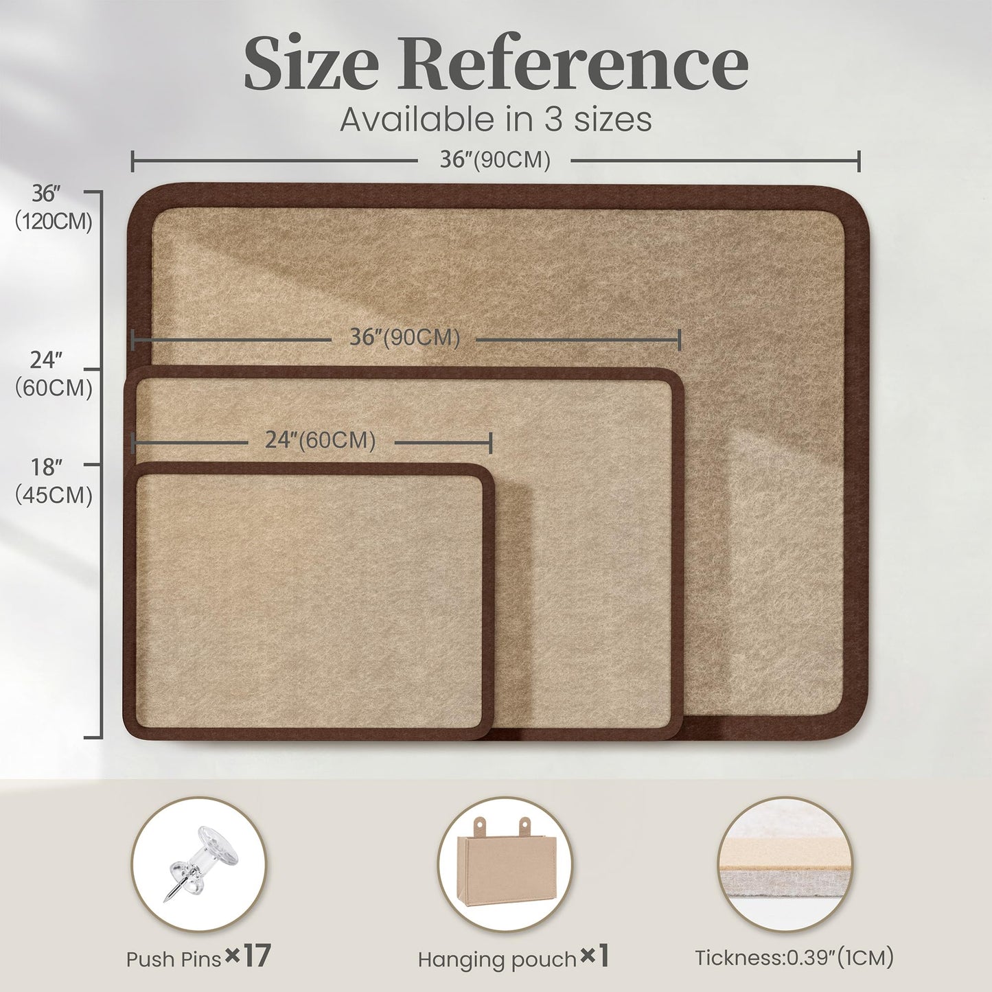 KERRAM Bulletin Board, 36 x 24 inches Decorative Felt Board Foldable Photo Board Pin Boards, Cork Board Alternative for Walls, Office, Home, Classroom with Pushpins ＆ Small Storage Bag, Brown