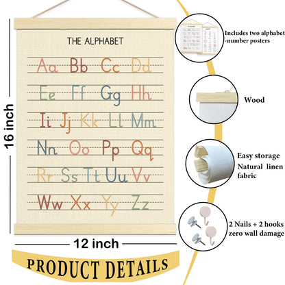 Numbers Alphabet Poster for Toddlers,Educational Wall Chart for Nursery Kids Learning, Homeschool & Playroom Decor and Bedroom for Wooden Hanger Frame Set of 2, 12x18 Inch - A01