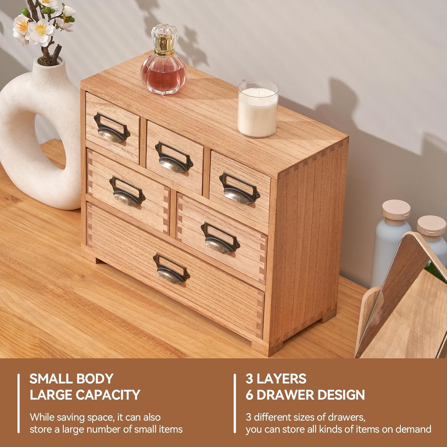 KIRIGEN Desk Drawer Cabinet Storage Organizer 6 Drawers Mini Chest with Lable Holder Handles for Home Office Desktop Organizer and Storage Natural(3D6CG-NA)