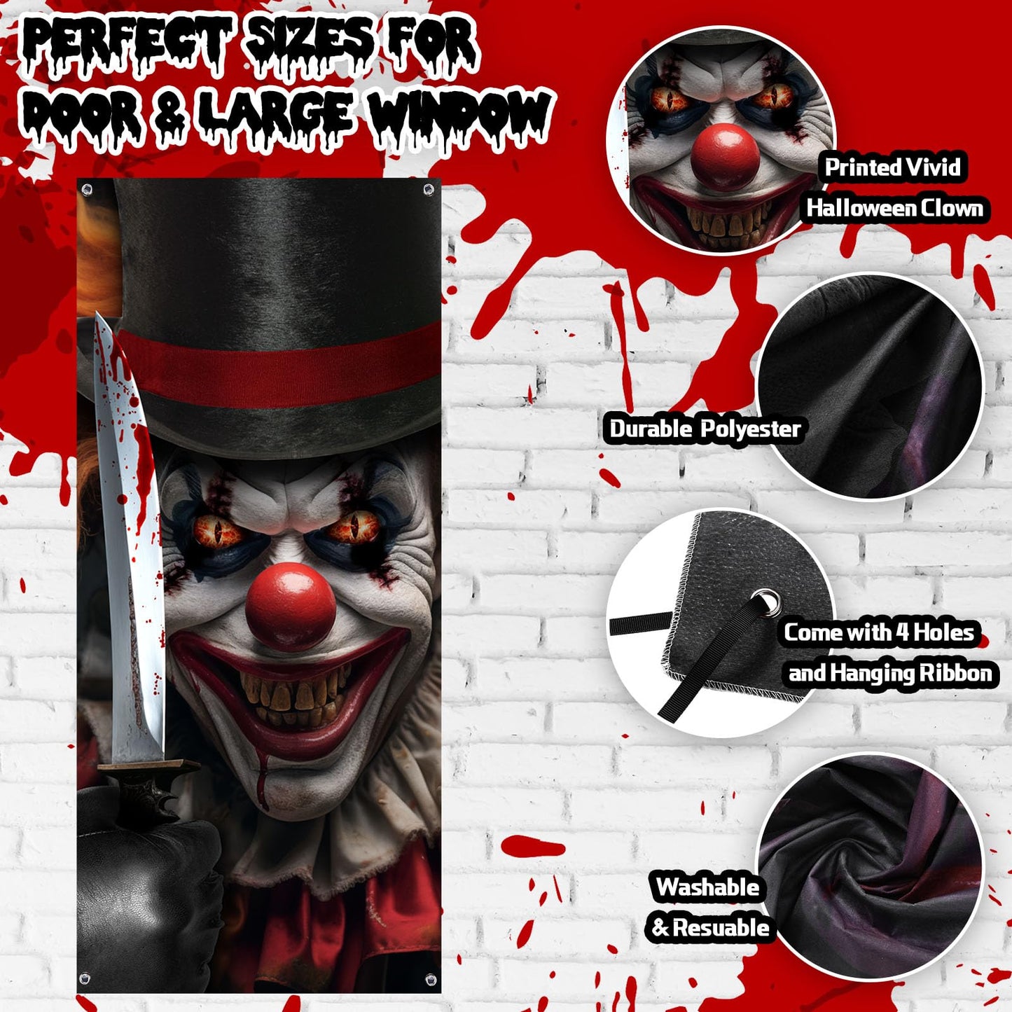 HunnmingRe Clown Door Cover Decoration Carnival Clown Decorations 70 x 35 Inch Scary Circus Backdrop Hanging Halloween Door Banner for Party Decoration(Killer Clown)