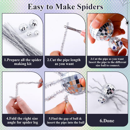 24 Pcs Halloween Disco Spiders Halloween Disco Decor DIY Disco Spiders Making Kit for Halloween Party Decor Glitter Disco Ball with Sparkle Pipe Wiggle Googly Eyes for Halloween DIY Spiders (Spider Shape)