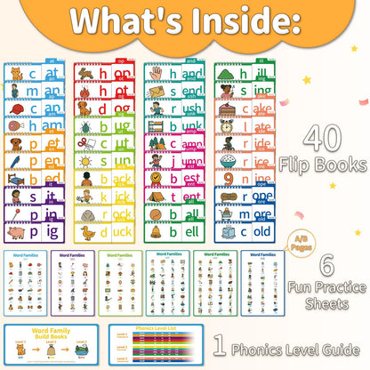 Phonics Flash Cards & Word Family Build Book, 40 Read & Rhyme Flip Books, Learn to Read for Kids Ages 3-8, Engaging Educational Tools for Preschool-Kindergarten, Fun Sight Word Games & Phonics Games