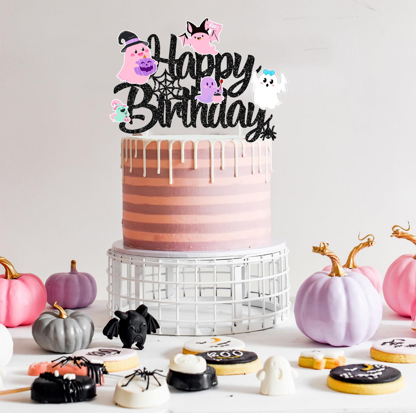Halloween Ghost Happy Birthday Cake Topper Black Glitter Halloween Birthday Cake Decorations Pastel Ghost Cake Picks Ghosts Boo Day Baby Shower Decor for Birthday Party Supplies