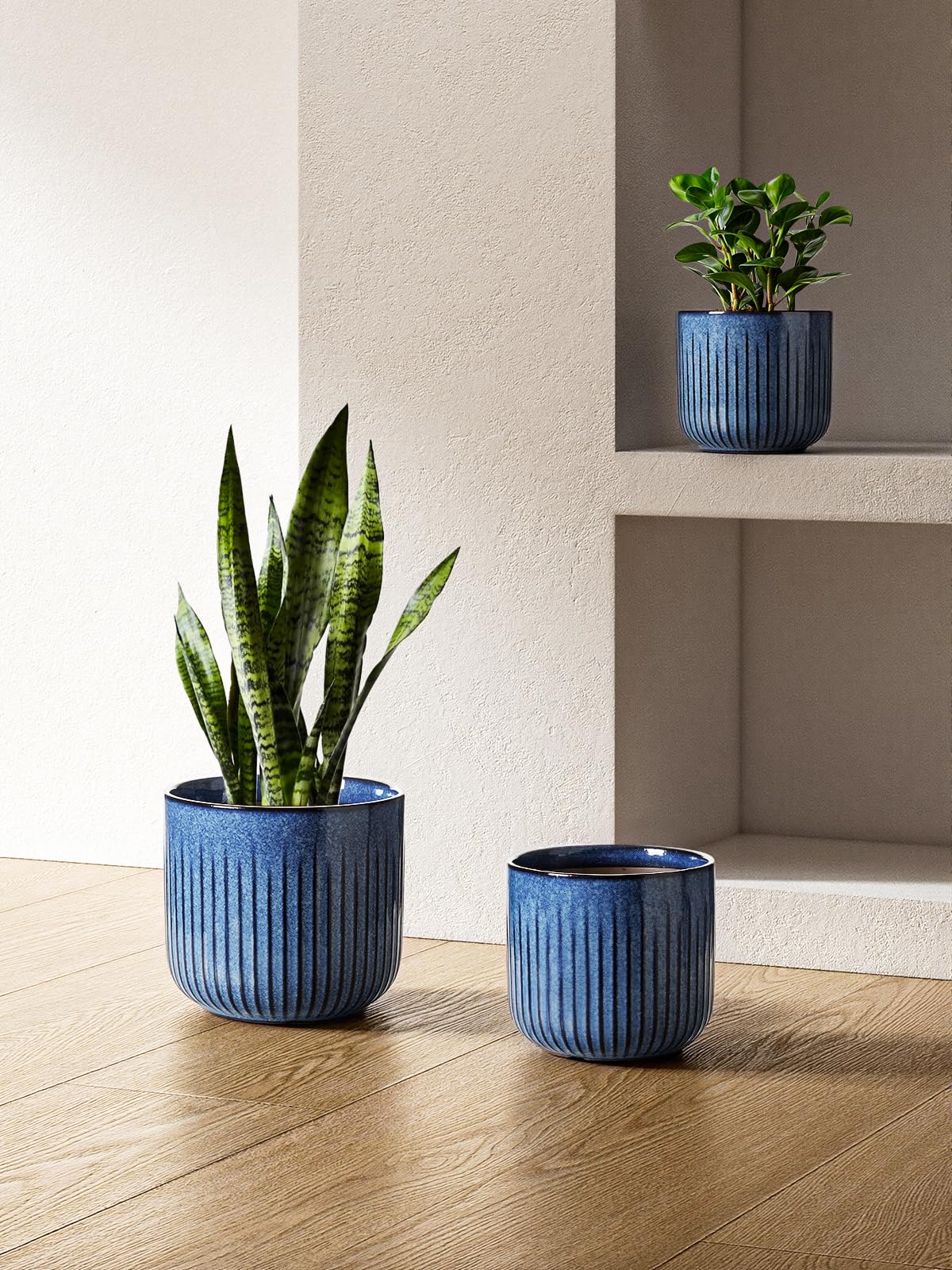 LE TAUCI Ceramic Plant Pots, 8.3/7/6 Inch Indoor Planters with Drainage Holes & Mesh, Modern Glossy Glaze Cylinder Fluted Flower Pot for Snake Plant, Set of 3, Harbor Blue