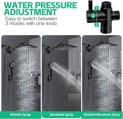 Shower Head,10”Rain Shower Head with Handheld Spray Combo and Adjustable Extension Arm/3-Way Flow Regulator/Shower System,High Pressure Rain Fall Hose,Matt Black