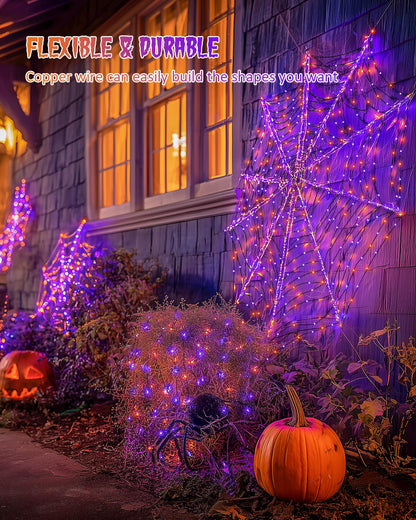JMEXSUSS 2 Pack Solar Halloween Lights Outdoor Waterproof, Total 66FT 200 LED Orange and Purple Halloween Lights, 8 Mode Black Wire Solar Fairy String Light for Outside Yard Spooky Party Decorations