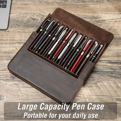 UPRESYE Leather Fountain Pen Case Collector Organizer, Pencil Case Handmade Pen Protective Sleeve (Magnetic 12 slots)