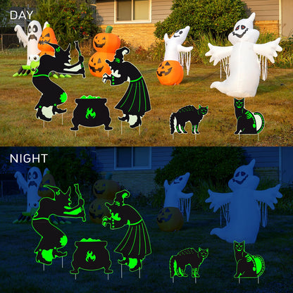 Halloween Yard Signs Decorations Outdoor - 5 Pack Large PVC Witch with Glow in The Dark, Warerproof Black Cat and Cauldron Decor, Halloween Decor with Stakes for Lawn Garden
