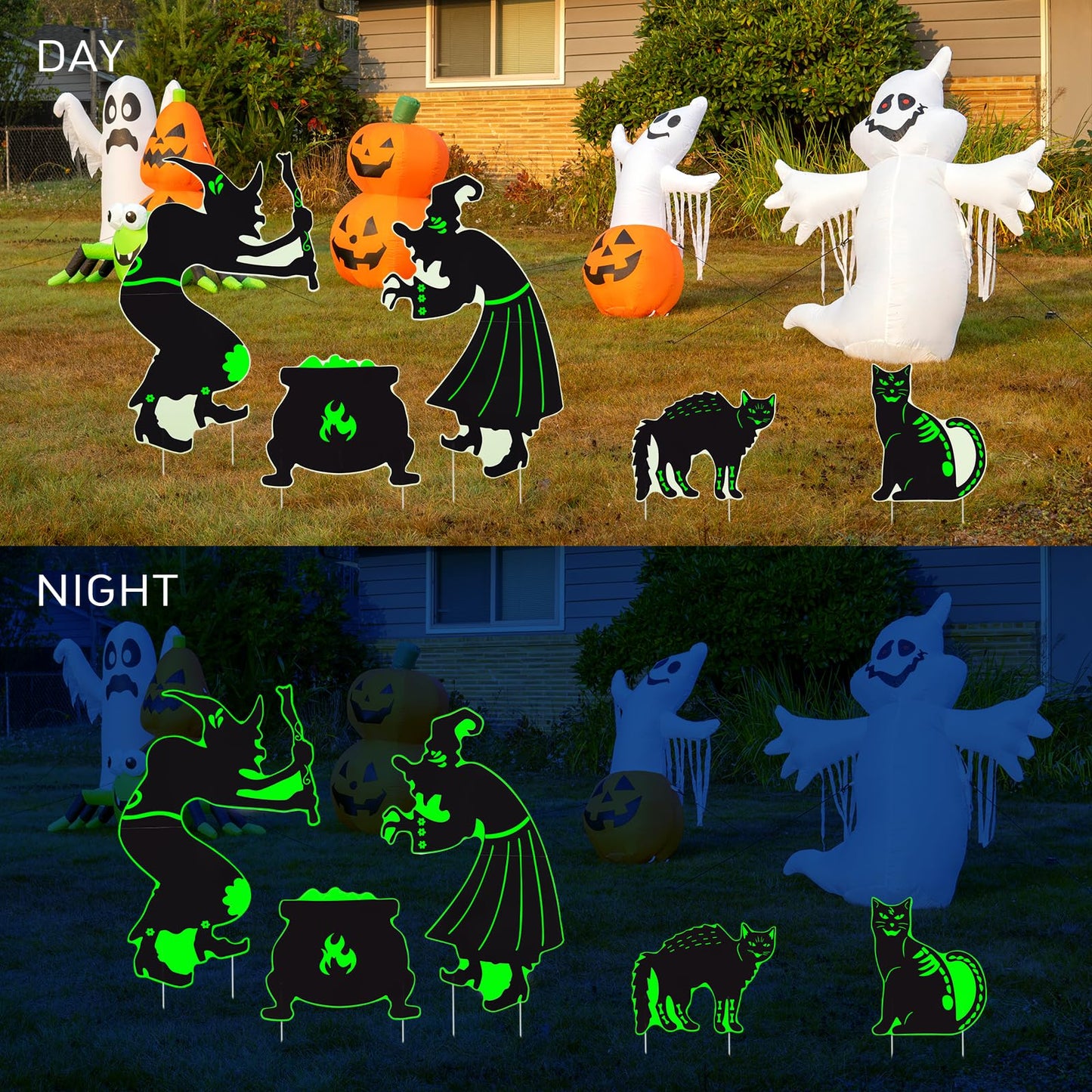 Halloween Yard Signs Decorations Outdoor - 5 Pack Large PVC Witch with Glow in The Dark, Warerproof Black Cat and Cauldron Decor, Halloween Decor with Stakes for Lawn Garden