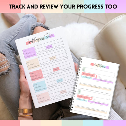 Goal Planner | SMART Goal Setting Kit for the New You, Monthly Habits, Reflections & Vision Boards | Pastel Rainbow A5