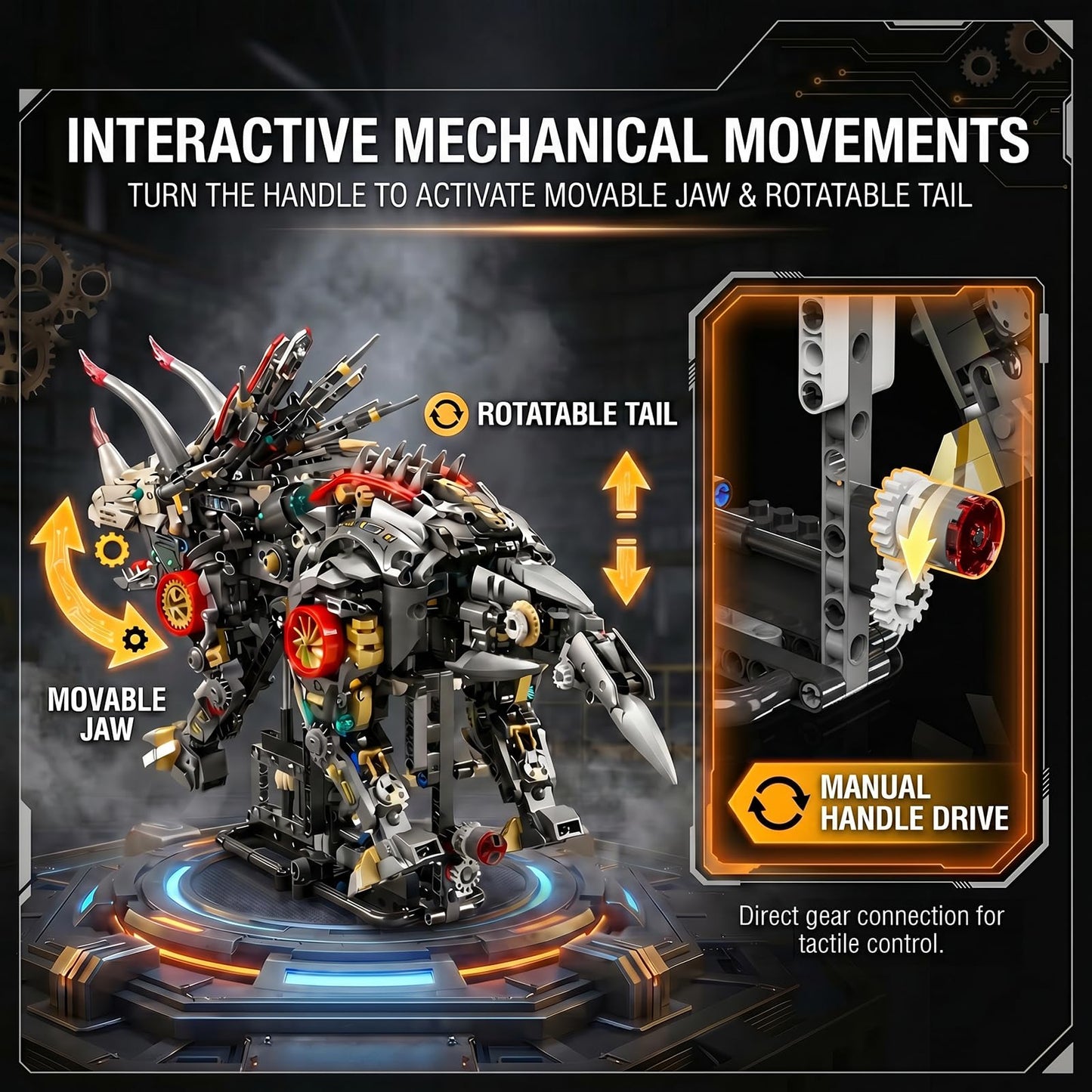 Myth Qholve Mechanical Triceratops Building Set with LED Lights, Engine & Generator, Remote Control Drive, Display Stand, Movable Gears, Large Scale RC Dinosaur Model for Home Office Decor, 1100+PCS