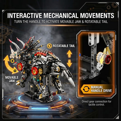 Myth Qholve Mechanical Triceratops Building Set with LED Lights, Engine & Generator, Remote Control Drive, Display Stand, Movable Gears, Large Scale RC Dinosaur Model for Home Office Decor, 1100+PCS