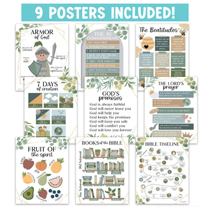 Hadley Designs Sunday School Decorations for Classroom –9 Bible Posters for Kids, Books of the Bible, 10 Commandments, Bible Timeline Chart, Fruits of the Spirit, Greenery Christian Classroom Decor