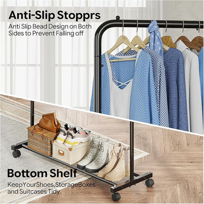 Simple Trending Clothing Rack for Hanging clothes, Portable Garment Rack with Bottom Shelf, Metal Clothes Rack on Wheels for Bedroom, Laundry Room, Black