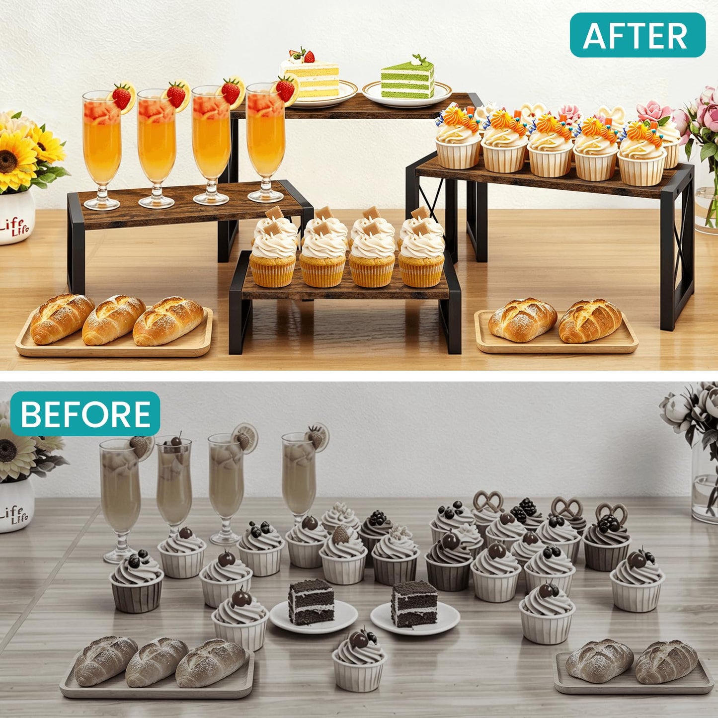 ELITEROO Wood Risers Display Stands Set of 4, Wooden 4 Tier Cupcake Stand, Tiered Riser for Vendors, Decorative Display Risers for Food Desserts Buffet Table at Party Wedding, Rustic Brown