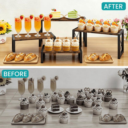 ELITEROO Wood Risers Display Stands Set of 4, Wooden 4 Tier Cupcake Stand, Tiered Riser for Vendors, Decorative Display Risers for Food Desserts Buffet Table at Party Wedding, Rustic Brown