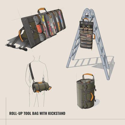 Heavy Duty Roll Up Tool Bag Organizer w/Kickstand for Upright Visibility & Easy Access, 7 Pockets w/Zippers, Multiple Carrying & Hanging Handles, Magnetic & Elastic Organizers, Adjustable Strap
