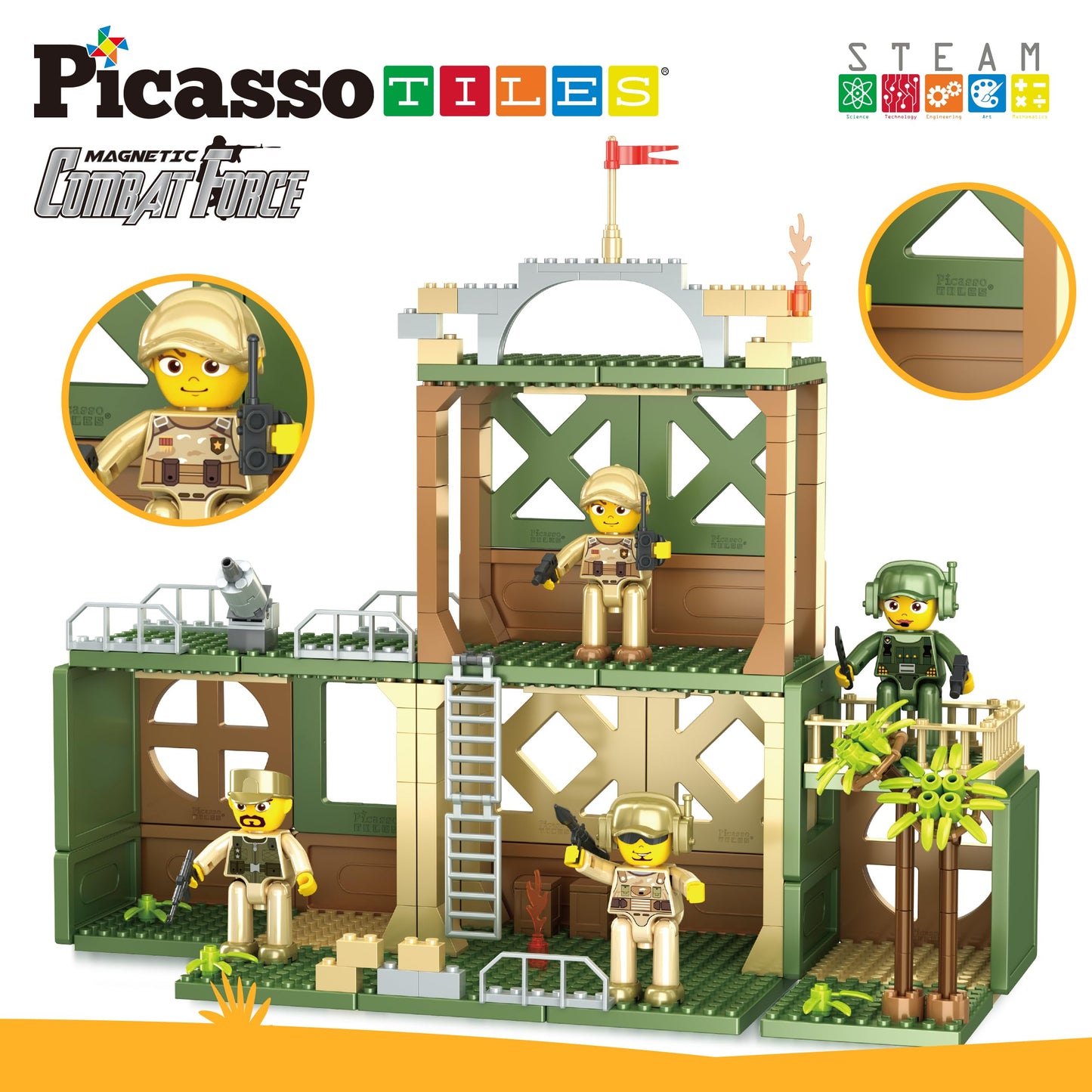 PicassoTiles Magnet Tile Building Brick Blocks Military Combat Force Theme Magnetic Tiles Construction Block Playset 4 Character Action Figures with Weapons Interlocking Bricks STEM Toy Ages 3+ PTL18