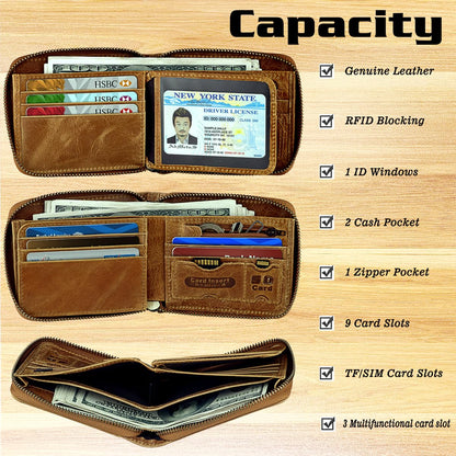 Mens RFID Blocking Wallets Zipper Leather Wallet for Men Bifold RFID Card Holder Tan