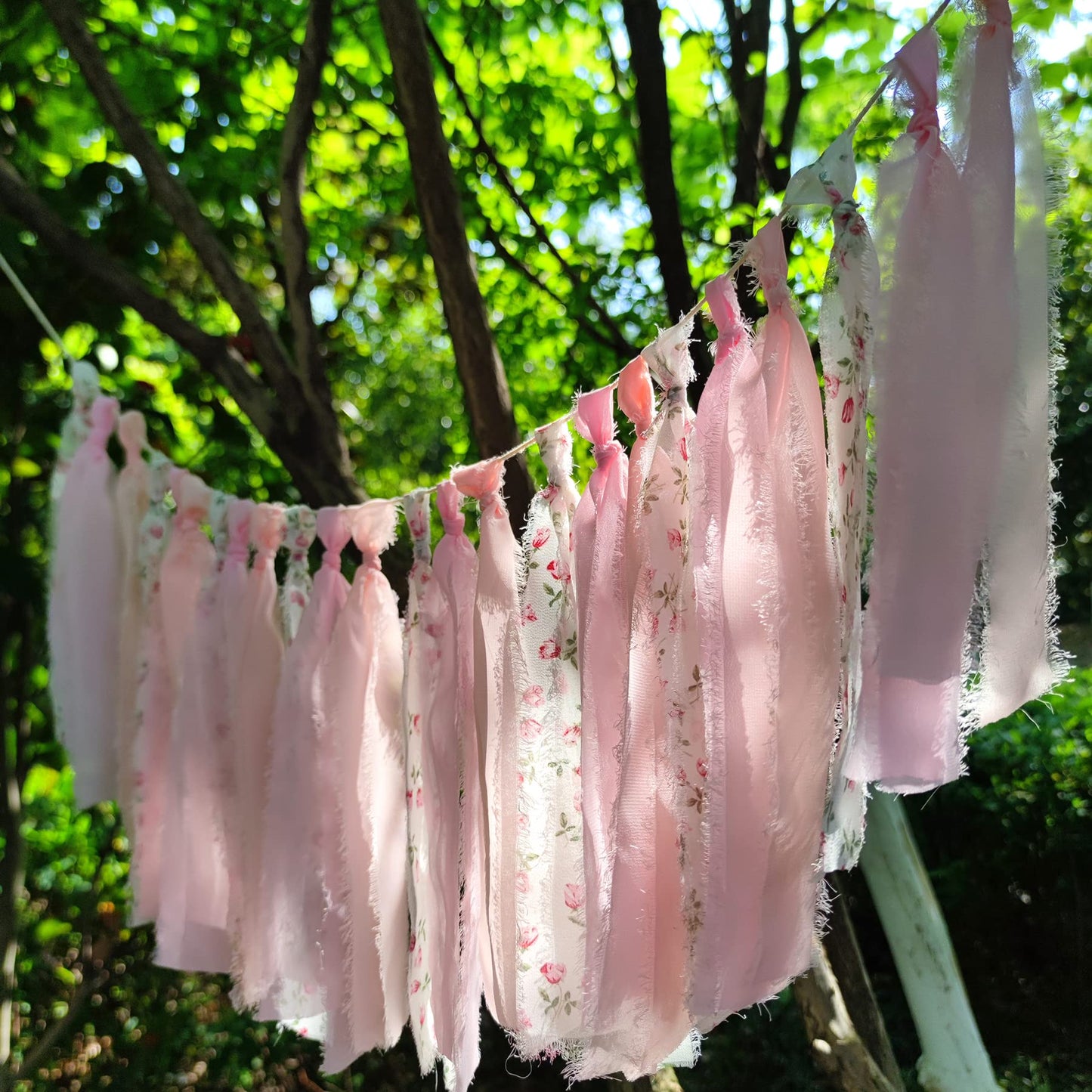 Mybbshower Pink Floral Tsaasel Garland for Wedding Spring Tea Party Haning Chiffon Tassel Banner Table Decor