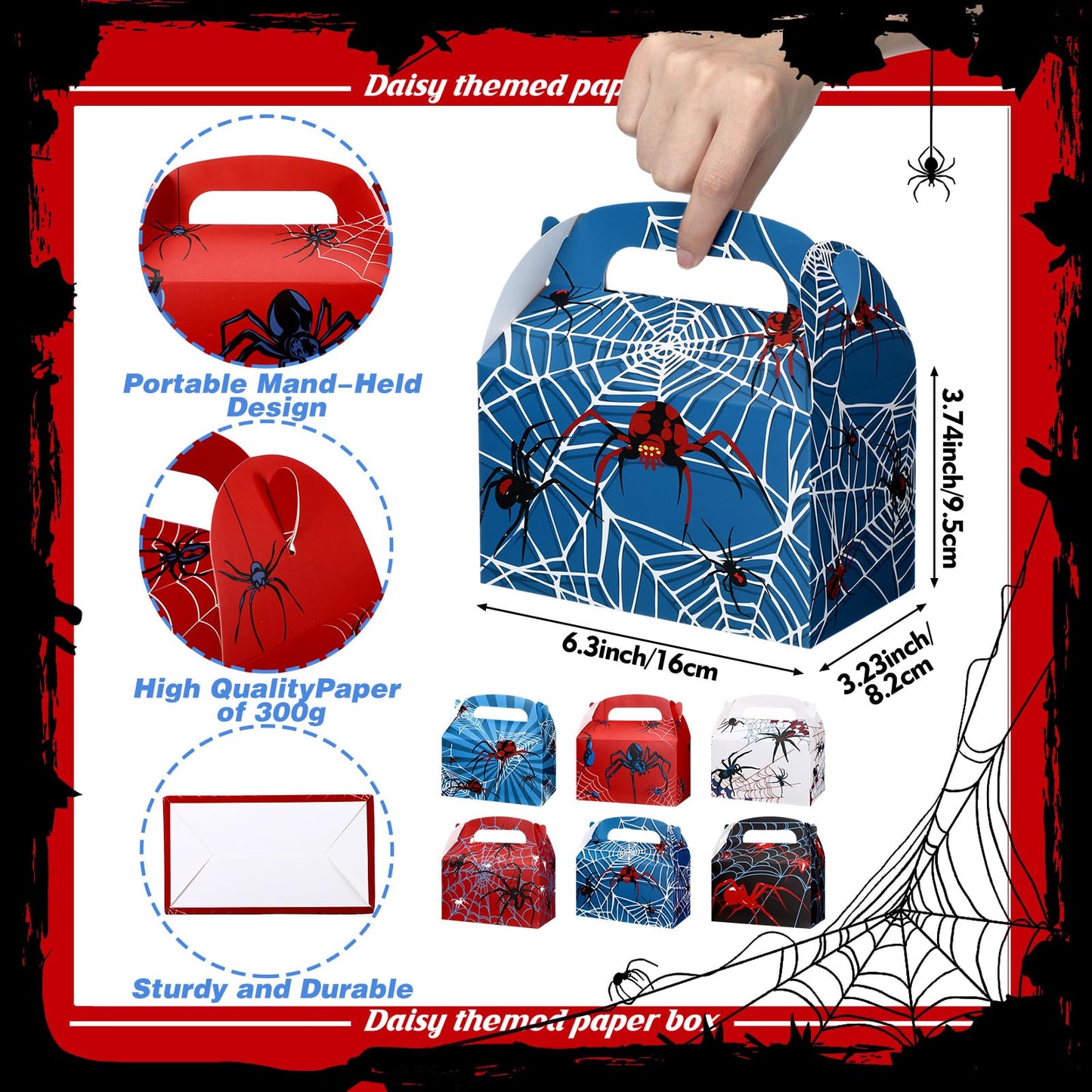 Gilprop 16 Pcs Spider Birthday Party Favor Boxes Spider Gifts Goodie Treat Boxes with Handles 6.3 x 3.23 x 3.74 Inches Double Sided Printed Gable Candy Bag for Party Supplies, 6 Style