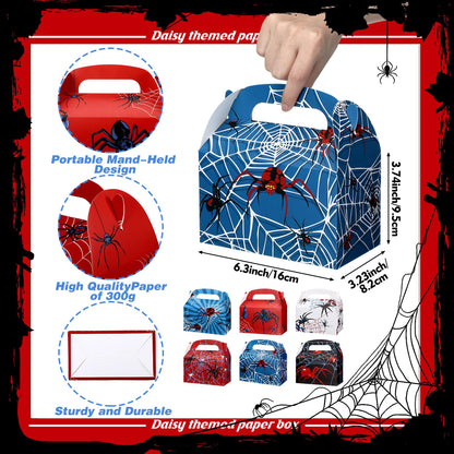 Gilprop 16 Pcs Spider Birthday Party Favor Boxes Spider Gifts Goodie Treat Boxes with Handles 6.3 x 3.23 x 3.74 Inches Double Sided Printed Gable Candy Bag for Party Supplies, 6 Style