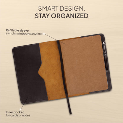 TheAntiq XL Leather Journal Cover 7.5 x 9.5 Inch – Refillable Genuine Leather Notebook Cover for Composition Notebook, Planner & Diary – Handmade Protective Travel Writing Case, Brown