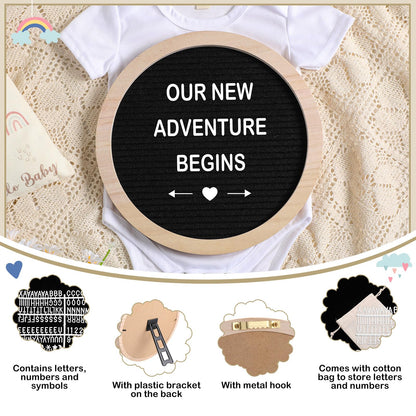 Canlierr 8 Pcs Pregnancy Announcement Set Pregnancy Reveal Ideas Include Felt Letter Round Board Kit Baby Bodysuit Booties Wood Blocks Wooden Signs for Coming Soon Baby Announcement(Black)