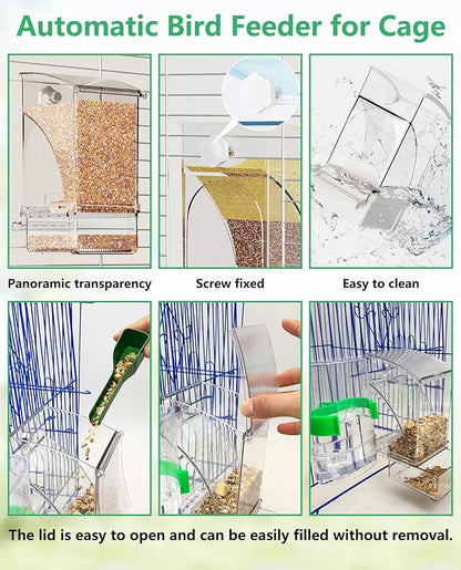 Hamiledyi 2Pcs No Mess Bird Feeder Automatic Bird Cage Feeder Transparent Acrylic Parrot Seed Food Container with Perch for Parakeet Finch Lovebirds Budgies Canary