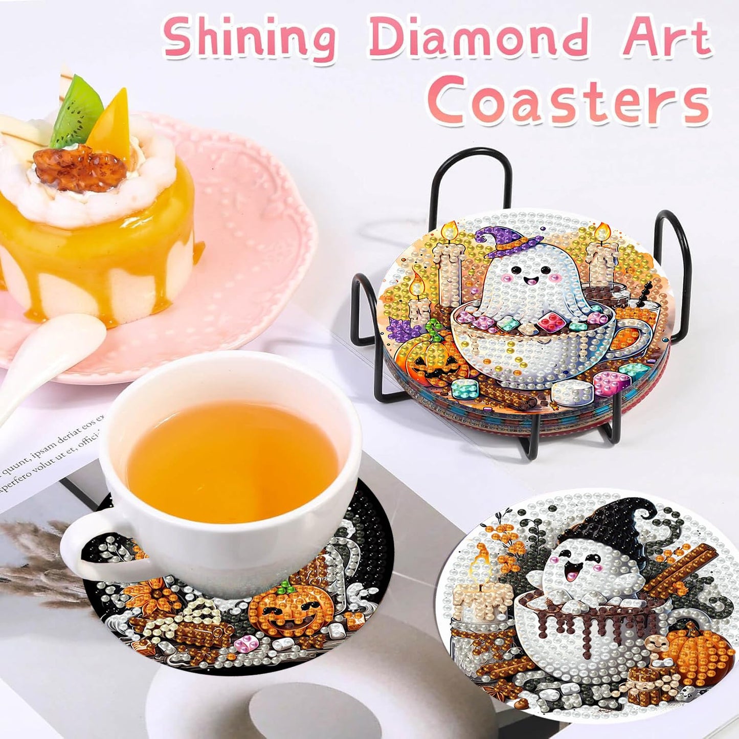 8 PCS Halloween Diamond Art Coasters Kits, Ghost Diamond Painting Coaster Kits Diamond Coasters with Holder Cork Pads Gem Art Dots Paintings Crafts Supplies for Adults Beginners