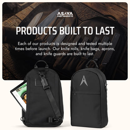 Asaya Chef Knife Sling Bag - 29 Pockets for Knives and Kitchen Utensils - Business Card Holder and Lock - Water Resistant and Durable Ballistic Nylon Backpack for Chefs