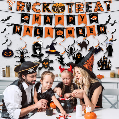 18 Pcs Halloween Party Decorations, Reusable Halloween Decor Indoor, Decorations Kit Included Happy Halloween Banner, Trick or Treat Banner, Ghost Pumpkin Ceiling Hanging Swirls Streamers