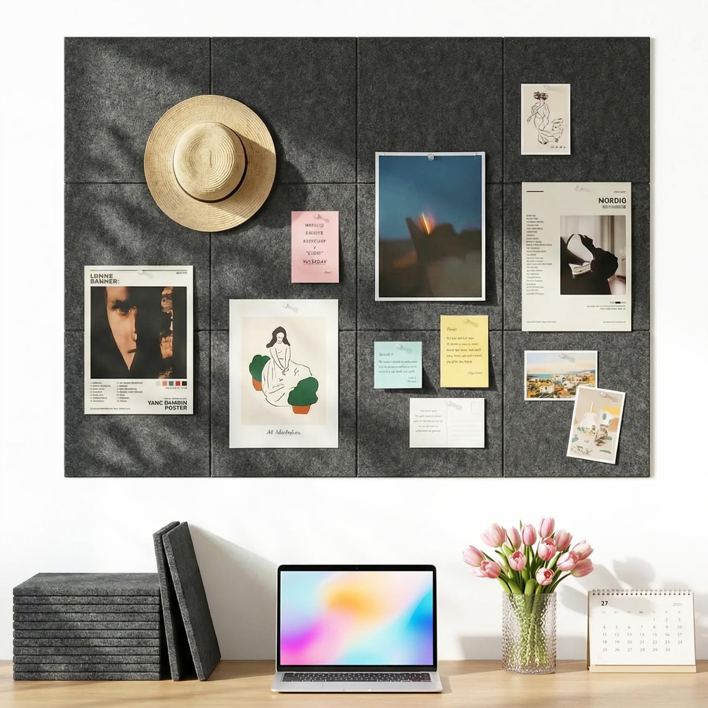 Aothia Felt Bulletin Board Tiles for Wall, 12 Pack Large 48" x 36", Felt Wall Tiles Cork Board Alternative, Adhesive Bulletin Board Tiles for Office, Classroom & Home, Charcoal Gray