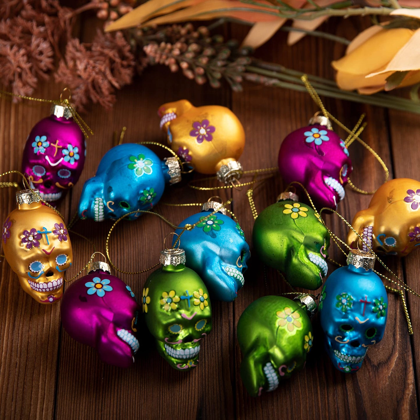 Watayo 12 PCS Day of The Dead Glass Ornaments, Dia De Los Muertos Sugar Skull Ornaments, Halloween Hanging Skeleton Head Decorations for Party Xmas Tree Decoration