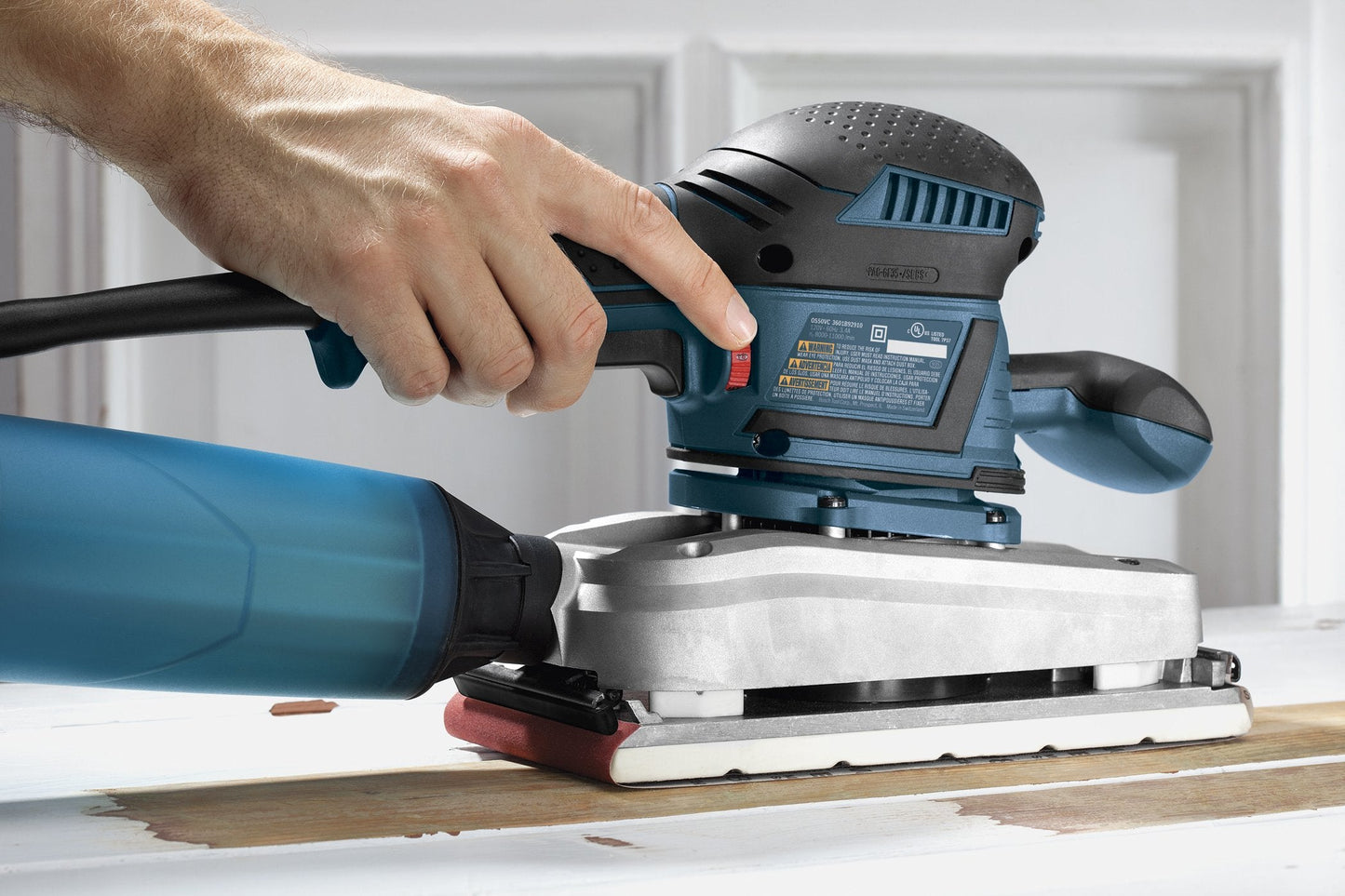 BOSCH OS50VC Electric Orbital Sander - 3.4 Amp 1/2 Inch Finishing Belt Sander Kit with Vibration Control for 4.5 Inch x 9 Inch Sheets, Blue