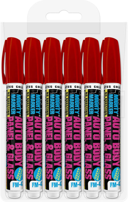FM-43 Auto Body and Glass Paint Marker, No-Ghost, Highly Water-Resistant, 2.3mm Bullet Tip, Valve Action, 6 Bonus Reversible Tips, Made in USA - Red 6 Pack