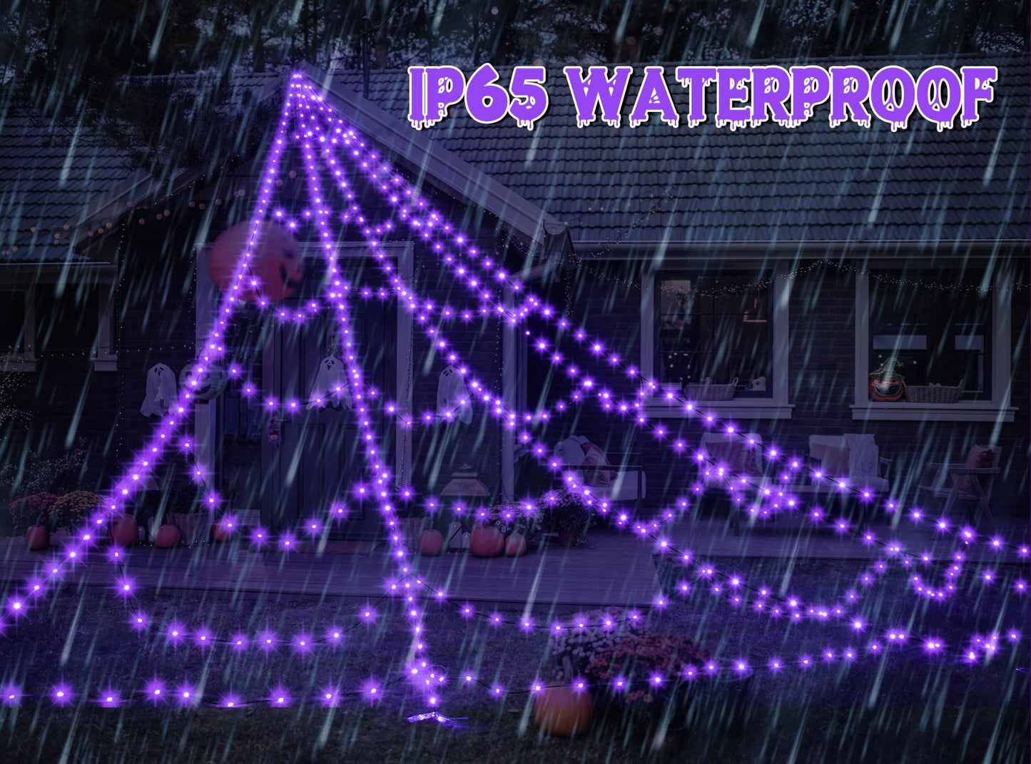 LED Spider Web Lights for Halloween Decorations Outdoor - 616 LEDs, 8 Lighting Modes, 16.4 Ft Light Up Giant Spider Webs (Purple)