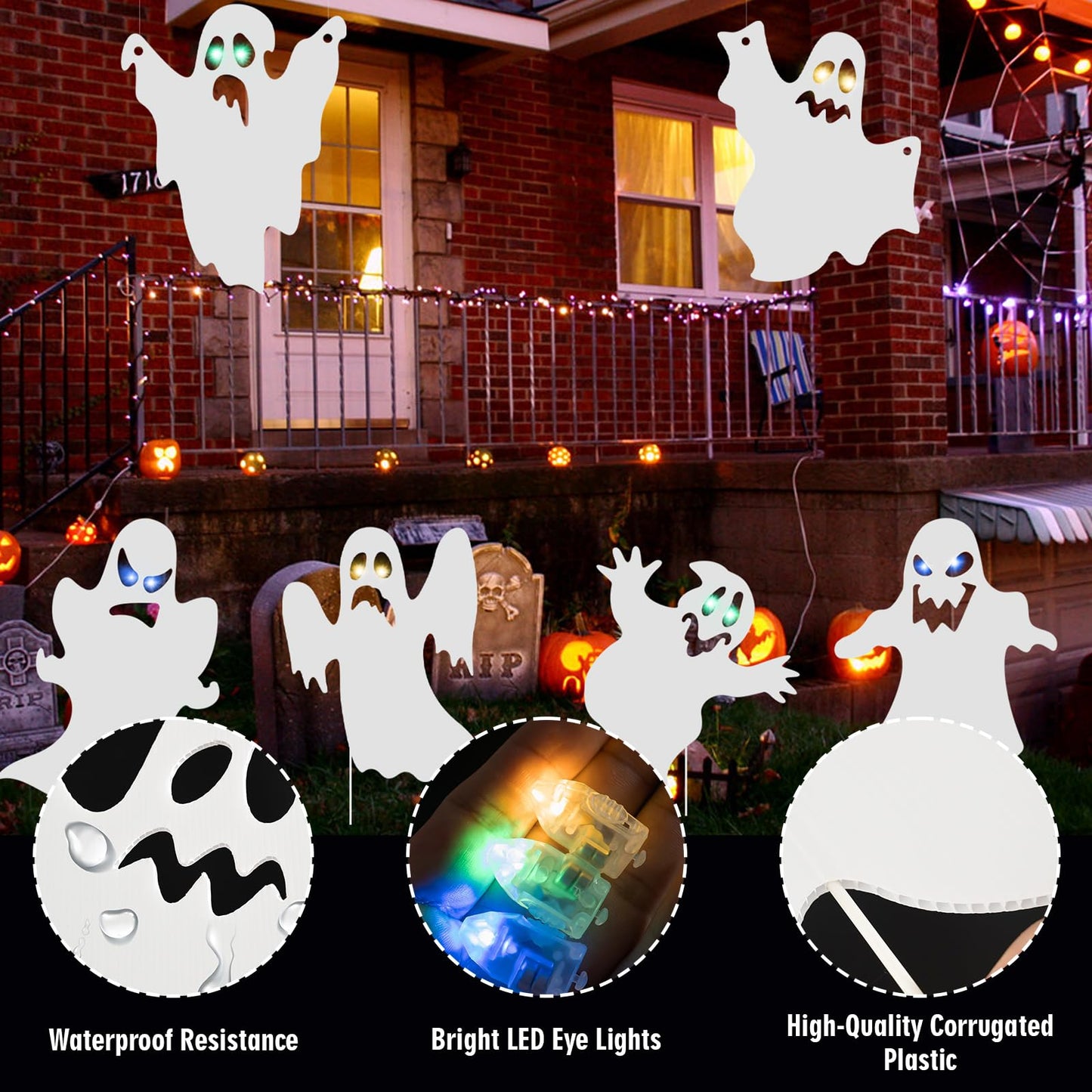 OuMuaMua Outdoor Halloween Decorations Signs - 6pcs Ghost Decor Halloween Yard Signs with Stakes LED Light Up Eyes for Garden Yard Scary Decorations Outside