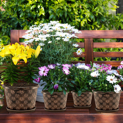12 Inch Planter Pots for Plants, Plastic Large Flower Pots Indoor Outdoor, 4 Pack Resin Plant Pot with Drainage & Saucer, Retro Decorative Garden Pot with Removable Trays for House