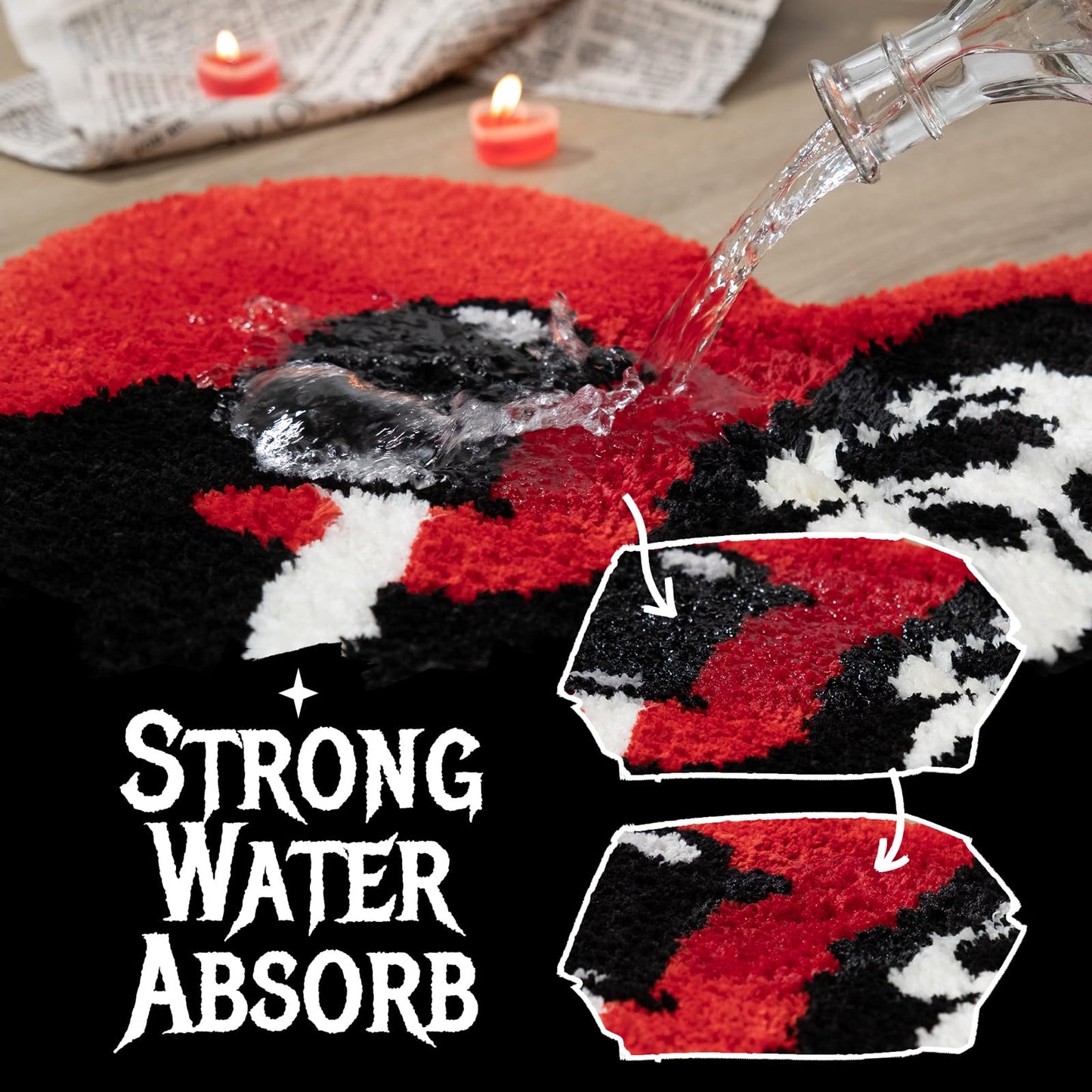 TANVILL Bathroom Rugs Black Red Bath Mat Non Slip, Christmas Home Decor, 35”x42” Funny Skull Large Bath Rugs Washable Absorbent Gothic Decor Spooky Gifts