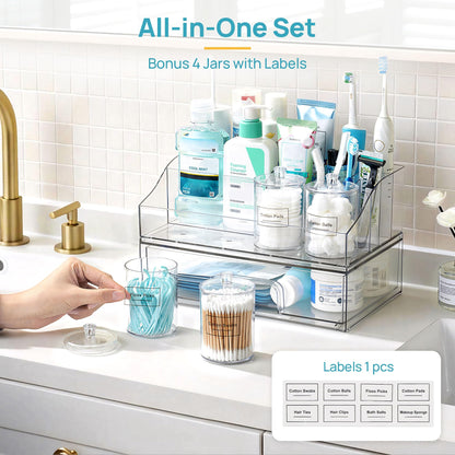 Vtopmart 6 PCS Bathroom Countertop Organizer, 1 Divided Tray with 4 Qtip Holder Jars and 1 Drawers, Restroom Clear Organizers for Toothbrush, Cotton Pads, Vanity Accessories Storage Set
