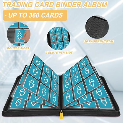 360 Cards Ringless 9-Pocket Side Loading Trading Card Binder, PU Zipper Fixed Page Card Album for TCG Sports Cards, Not Fit Top Loaders (Orange)