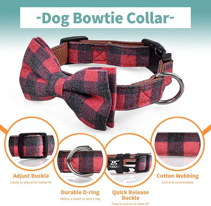 IVY&LANE Dog Collar with Bowtie and Leash Set | Plaid Adjustable Dog Collar | Detachable Bow Tie |5 FT Dog Leash | for Small Medium Large Dogs | Checkered Red | Medium