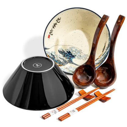 BICETTO Japanese Ramen Bowl Set with Great Wave Design - 60oz Large Ceramic Bowls, Spoons, Chopsticks for Ramen, Pho, Salad, Poke - Premium Gift for Ramen Lovers - Microwave & Dishwasher Safe