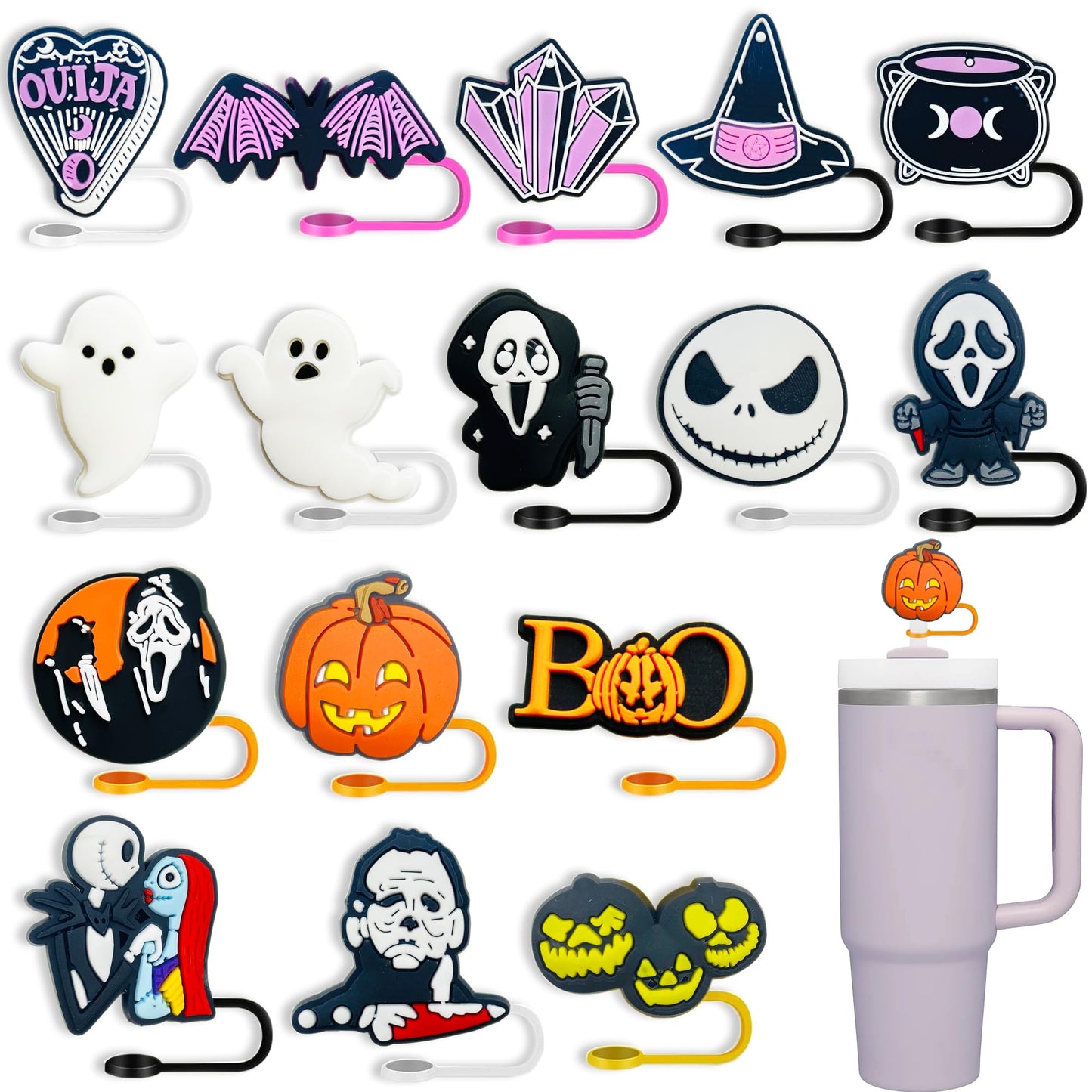 16PCS Halloween Straw Toppers for Stanley Cups, Cute Silicone Straw Cover Cap for Stanley 30&40 Oz Tumbler, Reusable Soft Straw Protectors Drinking Straw Caps for 10 mm Straws