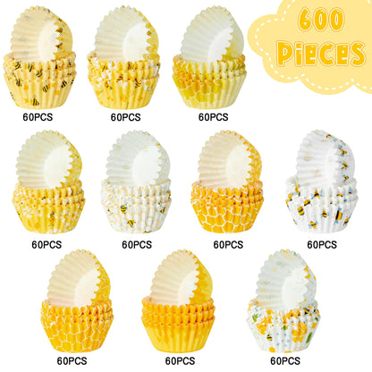 COcnny Bee Mini Cupcake Liners - 600pcs Summer Baking Cups Muffin Paper Cupcakes Wrappers for Birthday Party, Yellow Honey Candy Cake Chocolate Wrap Making Supplies for Baby Shower Wedding (10 Styles)