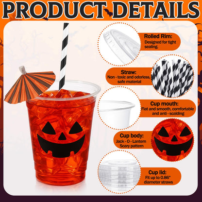 Chengu 50 Set Halloween Disposable Plastic Cups with Lids and Cocktail Paper Umbrella 12oz Pumpkin Face Disposable Cups Jack O Lantern Party Favors Halloween Trick or Treat Party Supplies