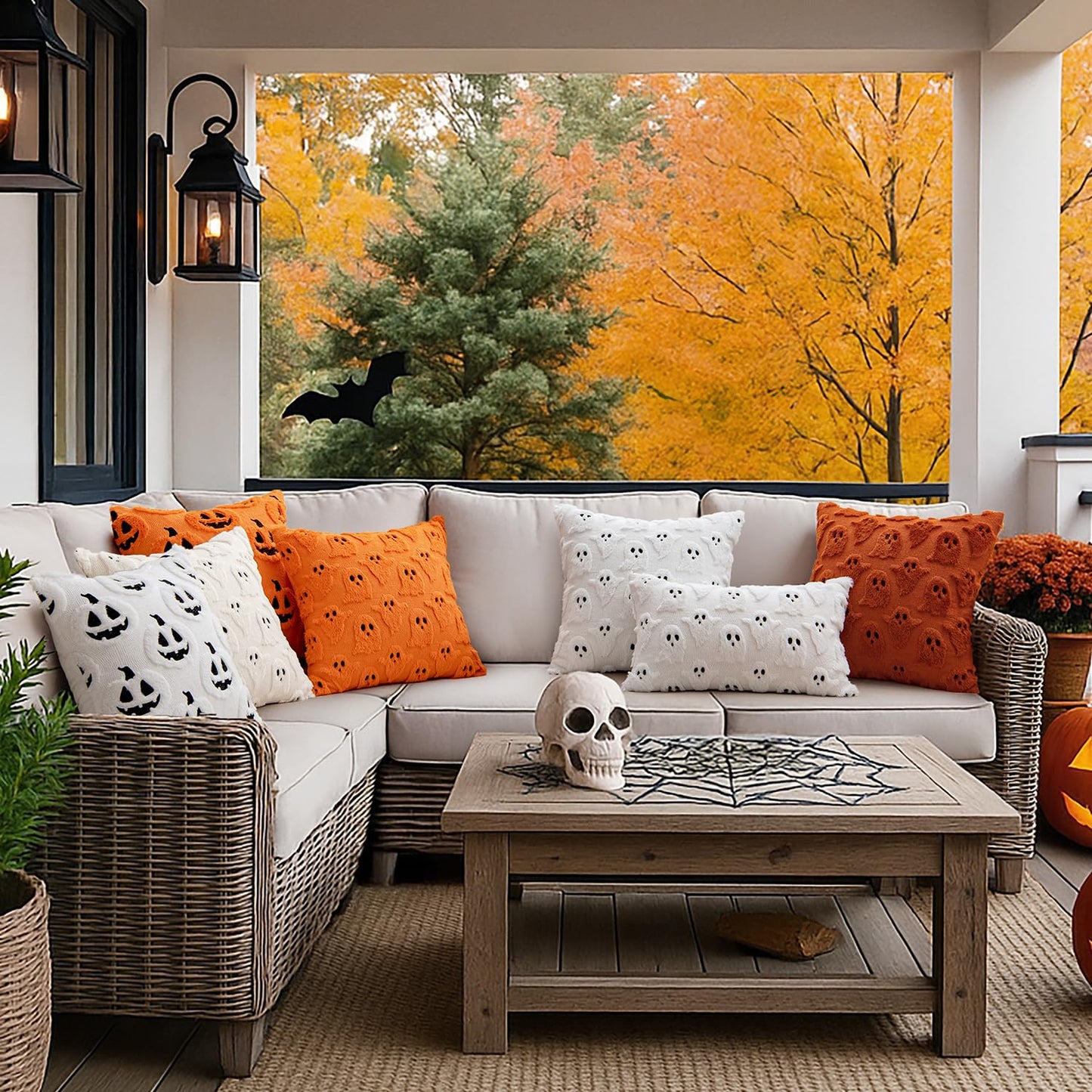 MIULEE Halloween Pillow Covers Cute Ghost Spooky Throw Pillows Set of 2 Soft Plush Faux Fur Fall Decorative Cushion Covers for Couch Sofa Bed Porch Living Room Autumn Decor 18x18 inch Orange